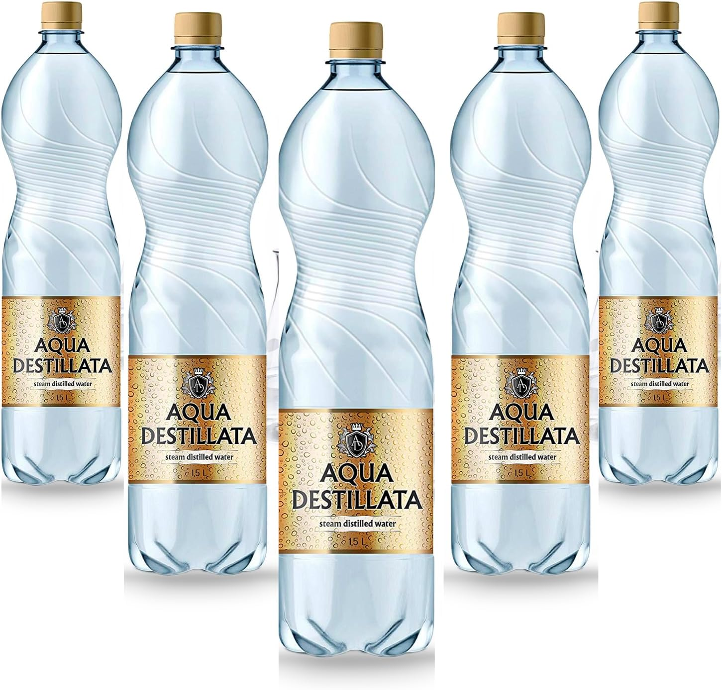 Five AQUA DESTILLATA 1.5 litre steam distilled water bottles